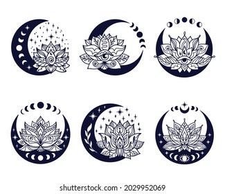 Half moon and lotus flower mystial symbol with moon phases and third eye. Lunar celestial tattoo design bundle. Occult graphic vector illustration. 