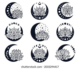 Half moon and lotus flower mystial symbol with moon phases and third eye. Lunar celestial tattoo design bundle. Occult graphic vector illustration. 