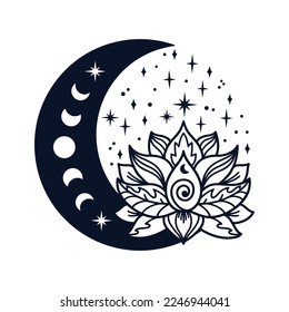 Half moon and lotus flower mystial symbol with moon phases. Lunar celestial tattoo design. Occult graphic vector illustration. 