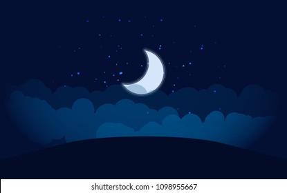 Half moon in night sky with clouds and stars