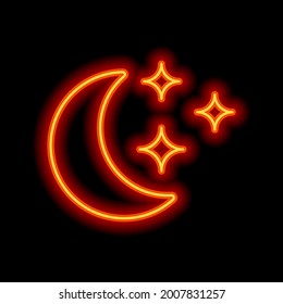 Half moon on night sky, simple icon. Orange neon style on black background. Light linear icon with editable stroke