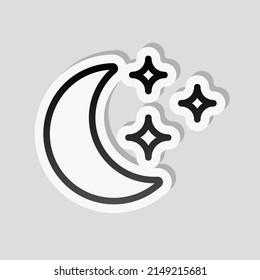 Half moon on night sky, simple icon. Linear sticker, white border and simple shadow on gray background