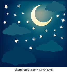 Half moon on a starry night sky. Deep blue night sky background with moon, clouds and stars. Mysterious moonlight. Vector illustration. EPS10