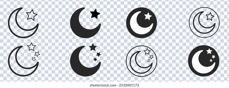 Ícone de contorno de meia lua e vetor preenchido. Estrela islâmica e lua crescente, ilustração de vetor preto e branco 