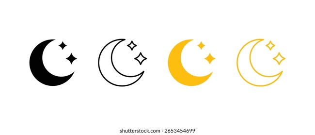 Half moon outline and filled vector icon symbol vector isolated on white background. moon icon set vector