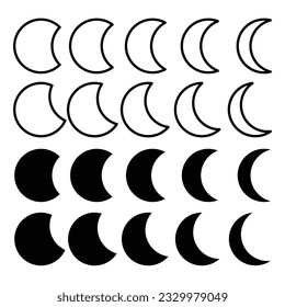 half moon outline vector icon set in black line syle.