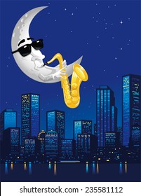 Half Moon Playing Saxophone Over City