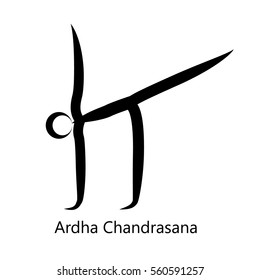 Half Moon Pose, Ardha Chandrasana.Yoga Position. Vector Silhouette Illustration. Vector graphic design or logo element for spa center, studio, class, center, poster. Yoga retreat. Black. Isolated.