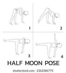 Half Moon Pose Yoga Manga Tutorial How Cartoon Vector Illustration Black and White