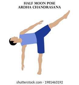 Half moon pose yoga workout. Ardha Chandrasana. Man doing yoga illustration on the white background. Vector illustration