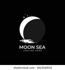 half moon set rise sea ocean surface water logo template