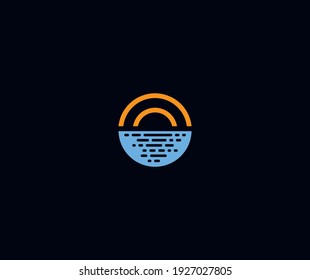 half moon set rise sea ocean surface water logo template icon vector