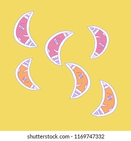 Half moon, smile,  dashed lines, labels pattern. Hand drawn.
