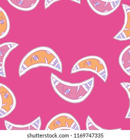 Half moon, smile,  dashed lines, labels  seamless pattern. Hand drawn.
