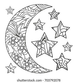 Half moon and star with abstract patterns on isolation background. Design for spiritual relaxation for adults. Line art. Black and white illustration for anti stress colouring page. Print for t-shirts