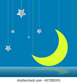 Half moon and star hanging from sky and reflect with ocean in halloween night as background