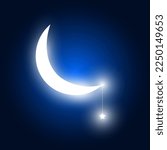 Half moon with star, light shadow on dark background, vector illustration.