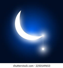 Half moon with star, light shadow on dark background, vector illustration.