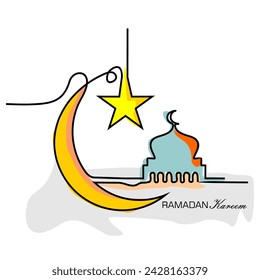Half moon, star and mosque, Ramadan Kareem theme minimal one continuous line