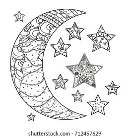 Half moon and stars with abstract patterns on isolation background. Design for spiritual relaxation for adults. Line art creation. Black and white illustration for anti stress colouring page. Print