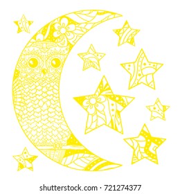 Half moon and stars with abstract patterns on isolation background. Design for spiritual relaxation for adults. Line art creation. Outline for tattoo, printing on t-shirts, posters