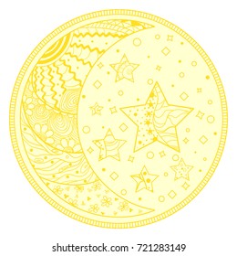 Half moon and stars with abstract patterns on isolation background. Design for spiritual relaxation for adults. Line art creation. Outline for tattoo, printing on t-shirts, posters