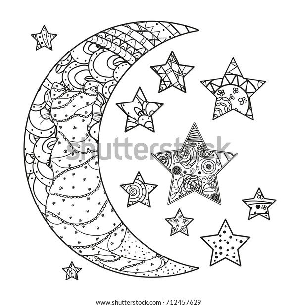 Half moon and stars with abstract patterns on\
isolation background. Design for spiritual relaxation for adults.\
Line art creation. Black and white illustration for anti stress\
colouring page. Print
