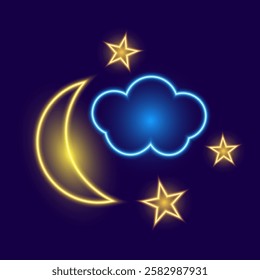 Half moon with stars and cloud, neon design, vector illustration.