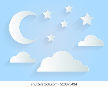 Half moon, stars and clouds in the blue sky