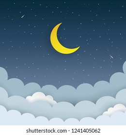 Half moon, stars, clouds, comet on the dark night starry sky background. Galaxy background with moon and shooting stars. Paper and craft style. Night scene minimal background. Vector Illustration. 
