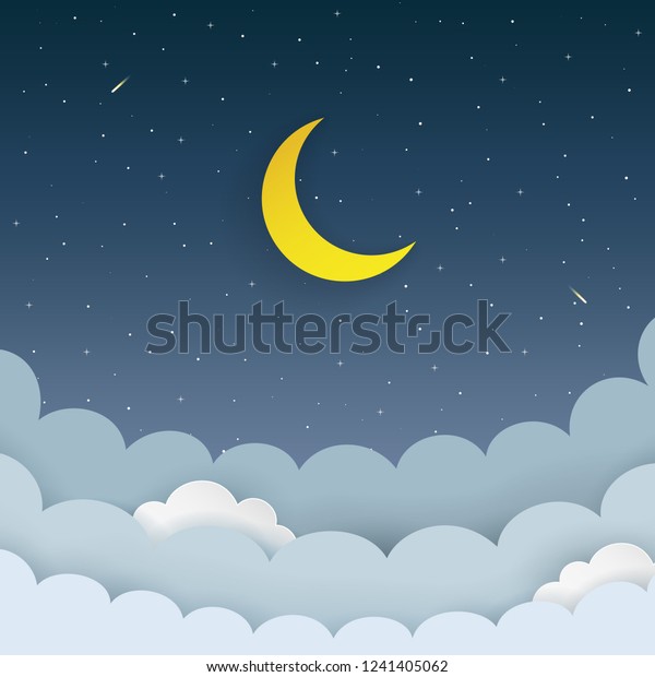 暗い夜の星の空の背景に半月 星 雲 彗星 月と流れ星のある銀河の背景 紙工 夜景の最小背景 ベクターイラスト のベクター画像素材 ロイヤリティフリー
