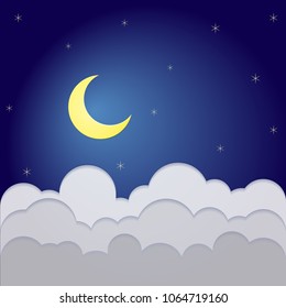 Half moon and stars with clouds in midnight