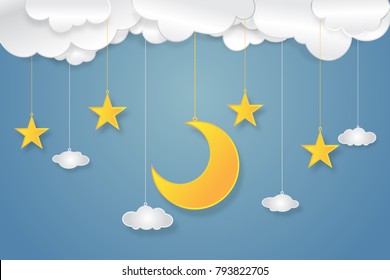 half moon, stars and clouds in the night as paper art, craft style concept. vector illustrator.