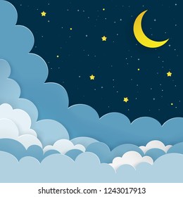 Half moon, stars, clouds on the dark night starry sky background. Galaxy background with crescent moon and stars. Paper and craft style. Night scene minimal background. Vector Illustration. 