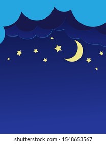Half moon, stars and clouds on the dark night sky background. Night sky blue clouds and yellow stars.  Vector illustration in paper cut style. 
