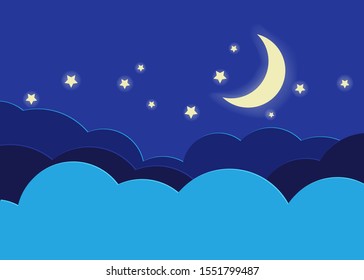 Half moon, stars and clouds on the dark night sky background. Night sky blue clouds and yellow stars.  Vector illustration in paper cut style. 