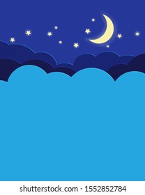 Half moon, stars and clouds on the dark night sky background. Night sky blue clouds and yellow stars.  Vector illustration in paper cut style. 
