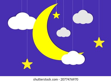 Half moon, stars and clouds on the dark night sky background.Night scene background. Vector Illustration.