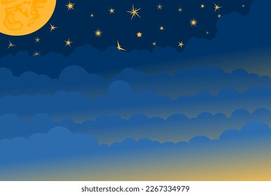 Half moon, stars and clouds on the dark night sky background. Paper art. Night scene background. Vector Illustration.