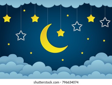 Half moon, stars and clouds on the dark night sky background. Paper art. Garland with stars. Vector Illustration. 