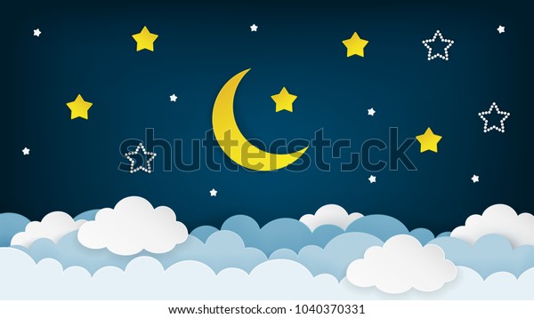 半月 星星和云彩在黑暗的夜空背景 纸艺术 夜景背景 矢量插图 库存矢量图 免版税