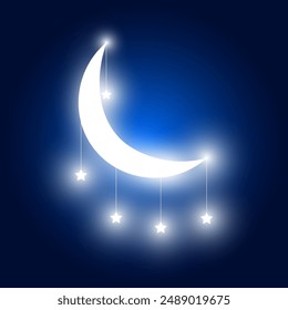 Half moon with stars, crescent on dark background, vector illustration.