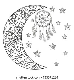 Half moon and stars. Dreamcatcher. Abstract patterns on isolation background. Design for spiritual relaxation for adults. Line art. Black and white illustration for anti stress colouring page