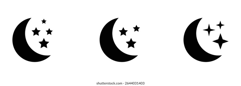Meia lua com estrelas ícone. lua crescente, brilhar e brilho estrelas ícone do vetor. Moonlight noite modo isolado ícone preto com estrelas e. Ilustração vetorial.	