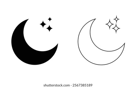 Half moon stars icon set. night or dark mode icons, crescent moon. isolated on transparent background.