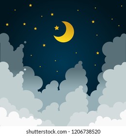 half moon and stars in midnight. Crescent moon, stars, and clouds on the midnight sky background. Night sky scenery background