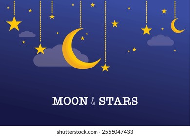 Half moon and stars on night sky background. 
Beautiful moon and star. The yellow moon and stars hung in the sky.