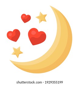 
Half moon with stars, romantic night icon in flat design 