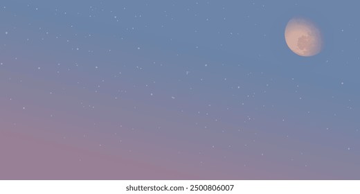 Half moon with stars and twilight sky background graphic illustration have blank space. Dramatic sky rectangle background.