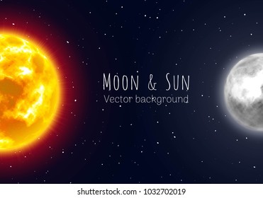 Half moon and sun, night sky background, cartoon style. Star and planet of solar system in galaxy. Vector illustration on astronomical theme